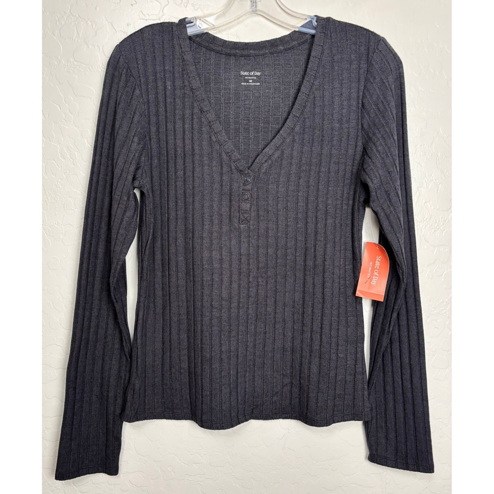 State of Day Ribbed Henley Top Deep Black Long Sleeve V-Neck Medium NWT 2708